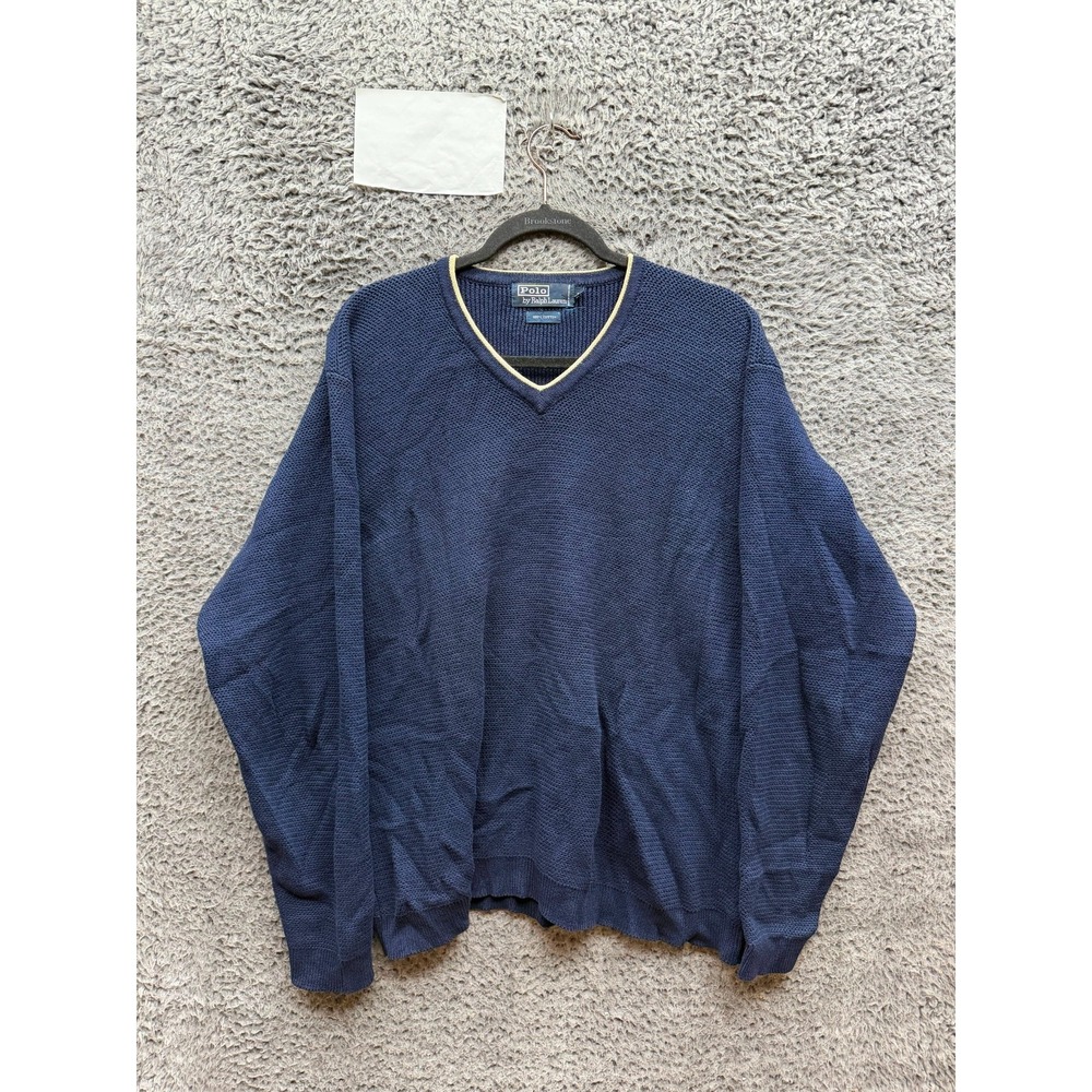 Vintage Polo Ralph Lauren Knitted Cotton V-Neck Sweater Navy Blue Mens Size L
